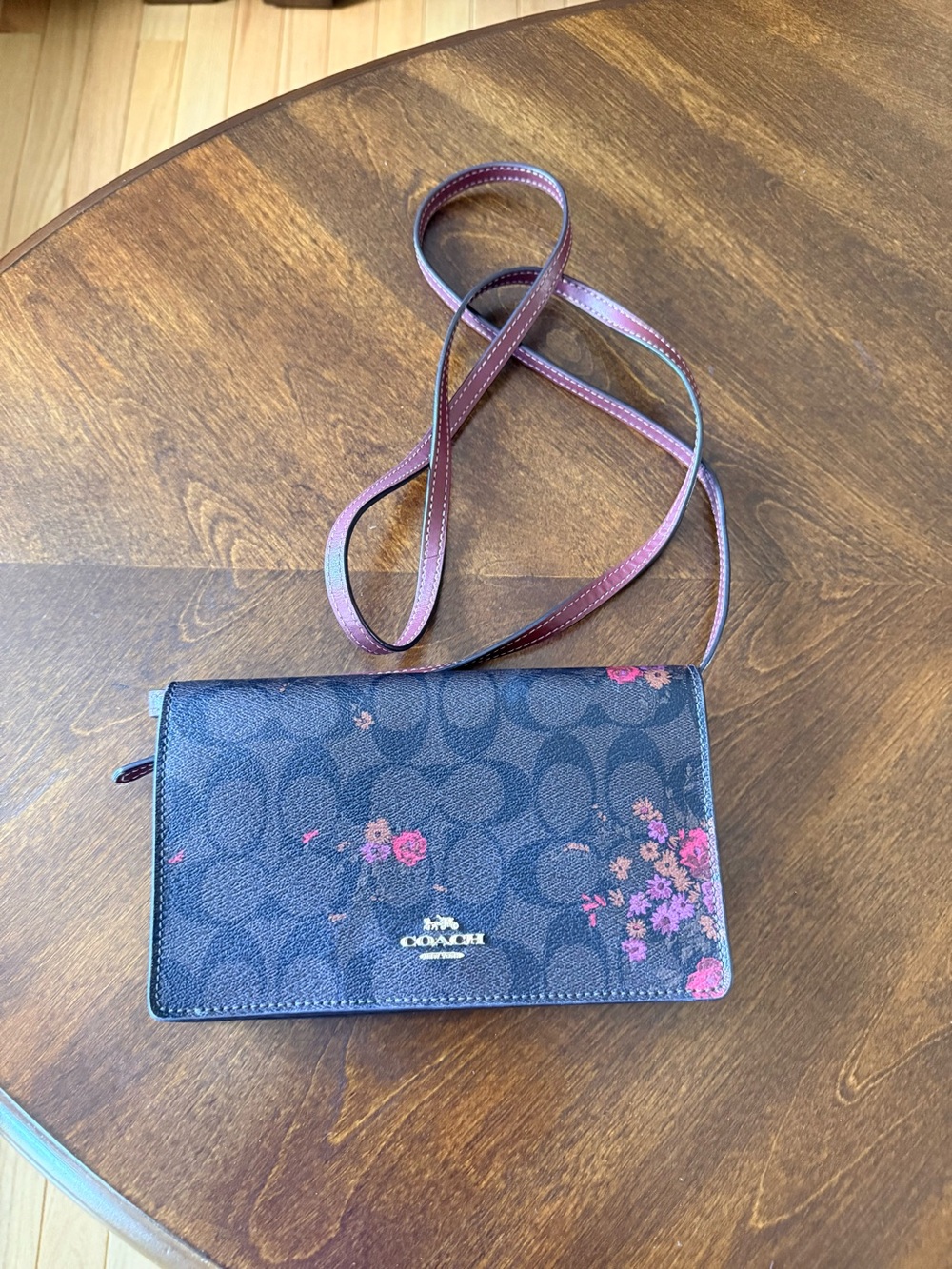 Coach Black Signature Floral Crossbody Wallet with Pink Accents